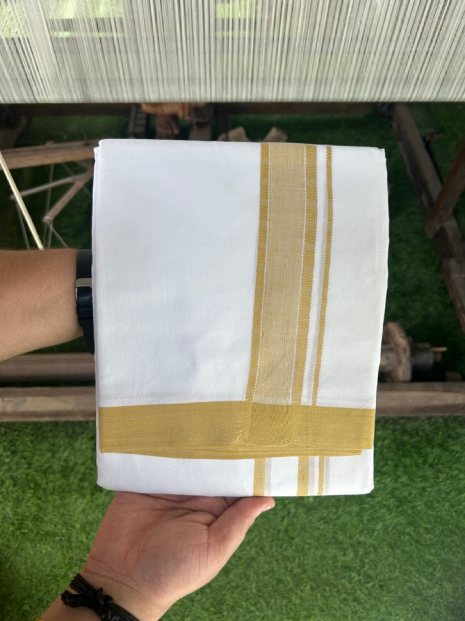 20% DISCOUNT!! KaithariKada Balaramapuram 100% Cotton PURE WHITE Double Mundu/Dhoti - 100x80 - 1.5 inch Mustard Yellow Temple striped Chutty kara -22KK5109THI