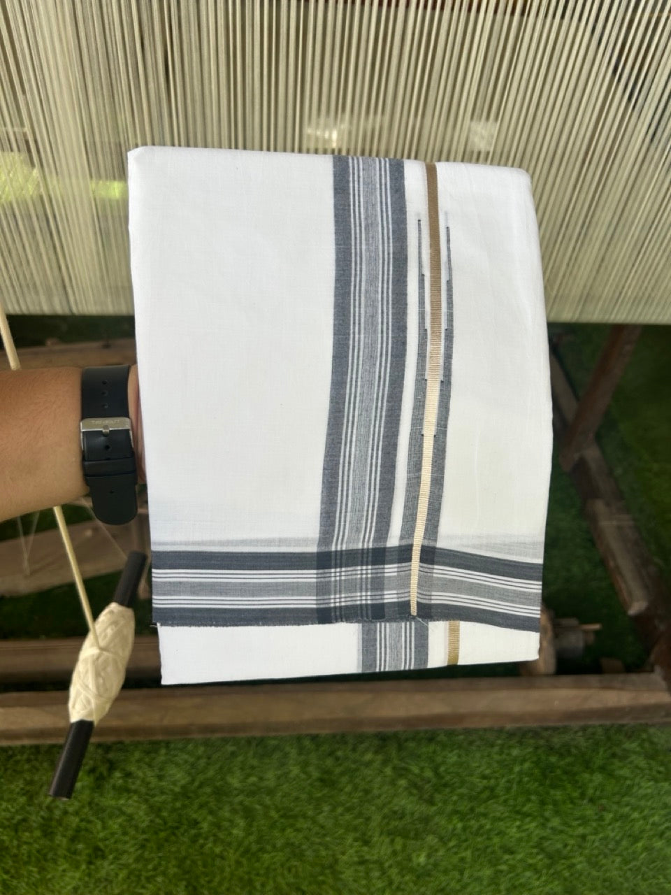 20% DISCOUNT!! KaithariKada Balaramapuram 100% Cotton PURE WHITE Double Mundu/Dhoti - 100x80 - 1.75 inch Black Shaded Silver Kasav stripes Chutty kara - 28KK5109THI