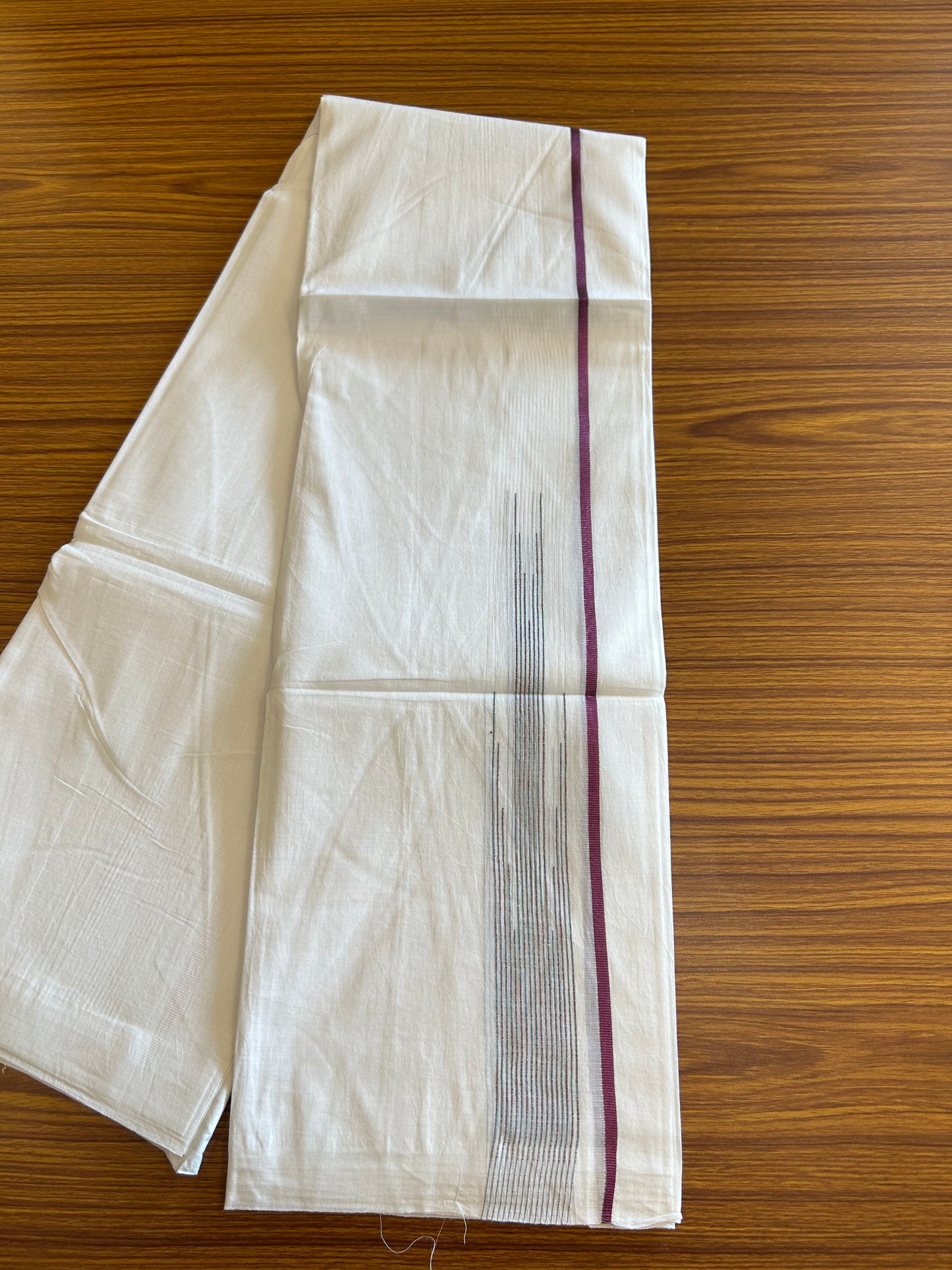 20% DISCOUNT!! KaithariKada Balaramapuram 100% Cotton PURE WHITE Double Mundu/Dhoti - 100x80 - 1.25 inch Rose Pink Kasavu & Turquoise Green striped Chutty kara -15KK5109THI