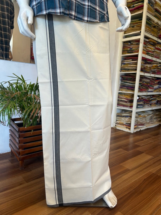 20% DISCOUNT ! KaithariKada Balaramapuram 100% COTTON SINGLE OFF WHITE - (Unbleached) Mundu/Dhoti-Twisted 100s Thread- 1.5 inch Black Striped Kara  (2 metre / 4 muzham) - 2KK5023ASH