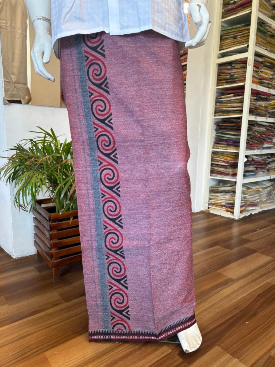 23% Discount!!! Kaitharikada Pure Cotton - Single Kaily / Lungi - 4.25 inch Tribal printed kara with Brown+Maroon colour body Kuppadam Border - 11KK488AST