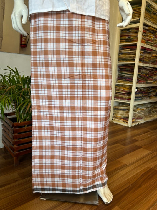 10% DISCOUNT ! KaithariKada Kalamachal 100% Pure Cotton -(80X80) Twisted Thread Handloom Single Mundu/Dhoti - Brown Check COLOUR  BODY & White striped Kara- 30KK479KAL