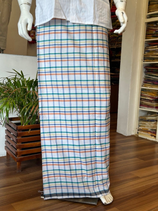 10% DISCOUNT ! KaithariKada Kalamachal 100% Pure Cotton -(80X80) Twisted Thread Handloom Single Mundu/Dhoti - White Blue Check COLOUR  BODY & Green Yellow Orange striped Kara- 28KK479KAL