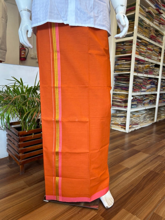 Kaitharikada  Soft Cotton - Kaily / Lungi - 1.75 inch Pink & kasavu striped kara with KAAVI colour body - 3KK492RAM