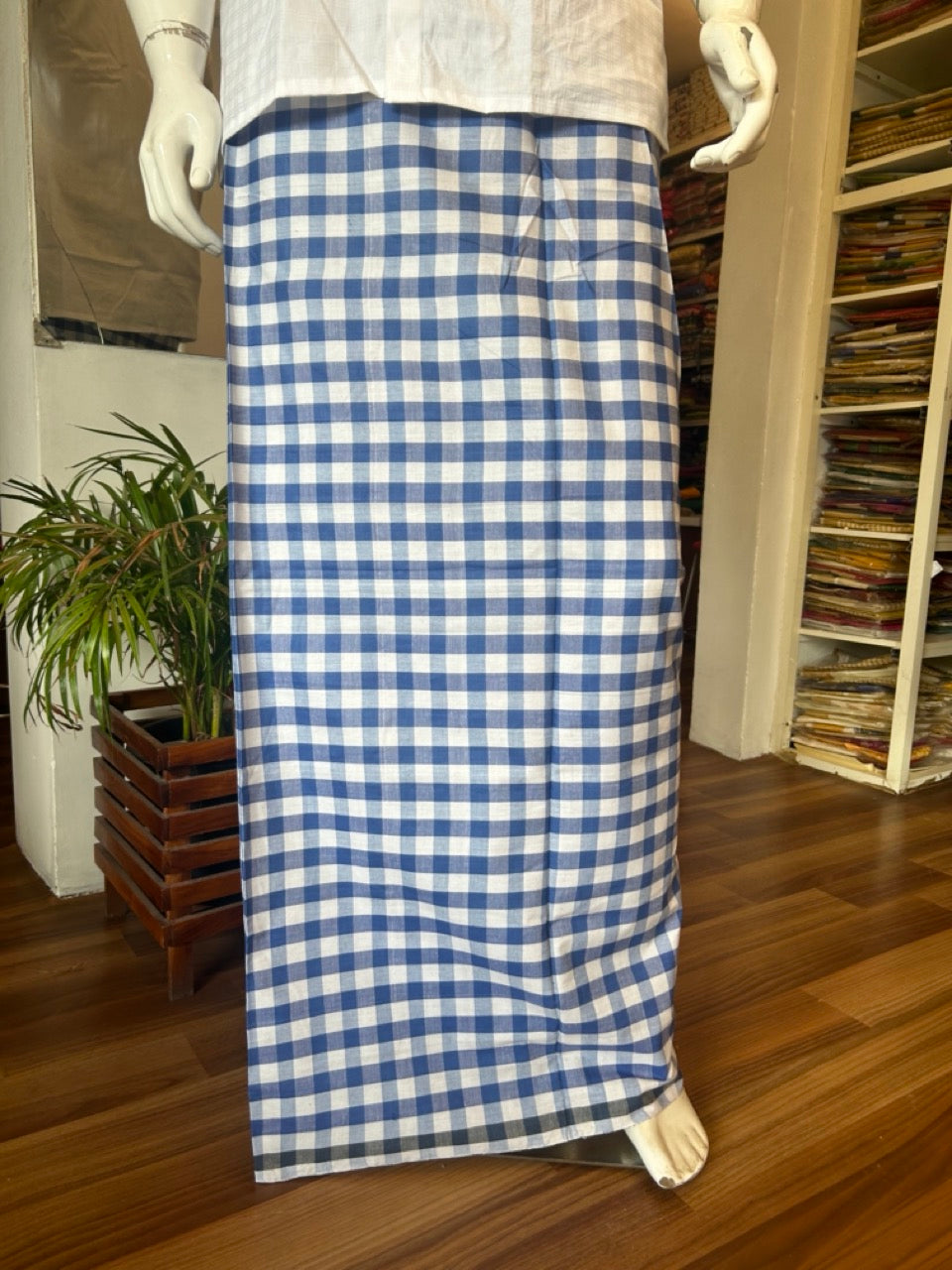 10% DISCOUNT ! KaithariKada Kalamachal 100% Pure Cotton - (80X80) Twisted Thread Handloom Single Mundu/Dhoti - White Check COLOUR  BODY & Blue striped Kara- 33KK479KAL