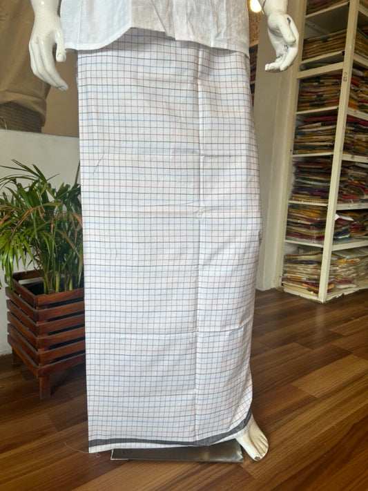 10% DISCOUNT ! KaithariKada Kalamachal 100% Pure Cotton - (80X80) Twisted Thread Handloom Single Mundu/Dhoti - White Check COLOUR  BODY & Brown Green Blue striped Kara- 32KK479KAL