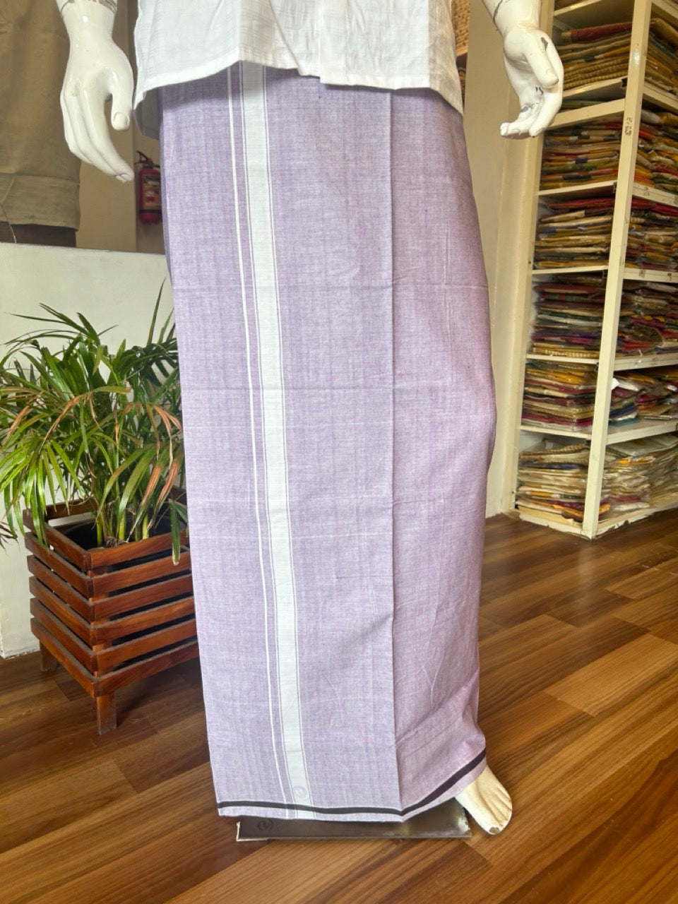 10% DISCOUNT ! KaithariKada Kalamachal 100% Pure Cotton - (80X80) Twisted Thread Handloom Single Mundu/Dhoti - Violet COLOUR  BODY & White stripes 4.5 cm Kara- 19KK479KAL