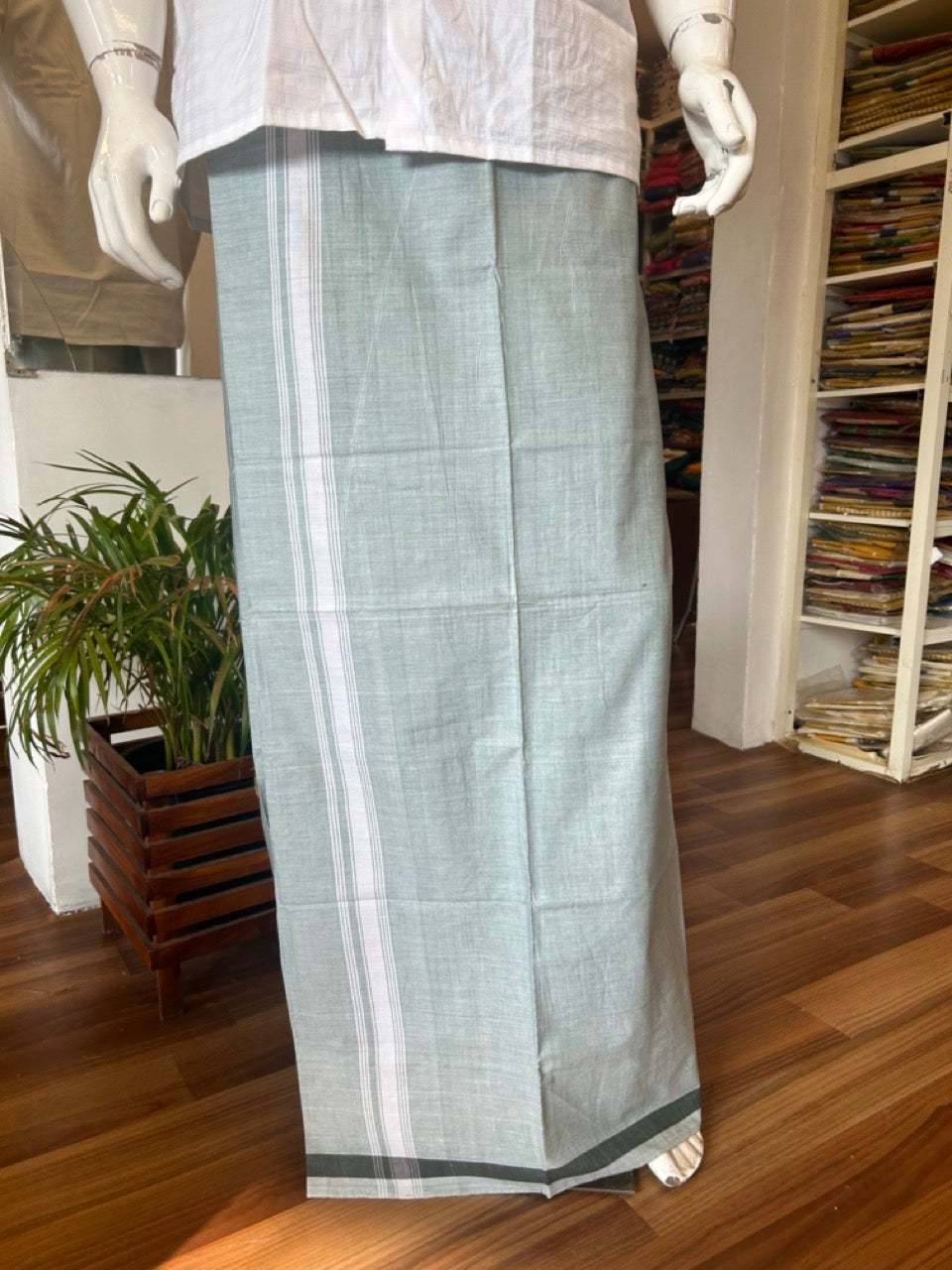 26% DISCOUNT ! KaithariKada Kalamachal 100% Pure Cotton - (80X80) Twisted Thread Handloom Single Mundu/Dhoti - Ash Gray COLOUR  BODY & White stripes 1.75 inch Kara- 17KK479KAL