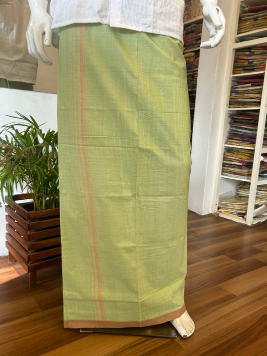 15% DISCOUNT ! KaithariKada Kalamachal 100% Pure Cotton - (80X80) Twisted Thread Handloom Single Mundu/Dhoti - Light Green COLOUR  BODY & Brown stripes 1.5 inch Kara- 16KK479KAL