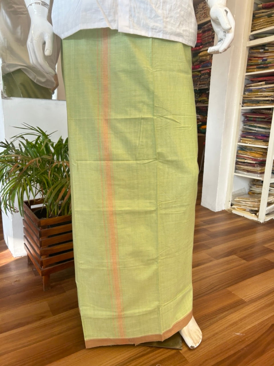 15% DISCOUNT ! KaithariKada Kalamachal 100% Pure Cotton - (80X80) Twisted Thread Handloom Single Mundu/Dhoti - Light Green COLOUR  BODY & Brown stripes 1.5 inch Kara- 15KK479KAL