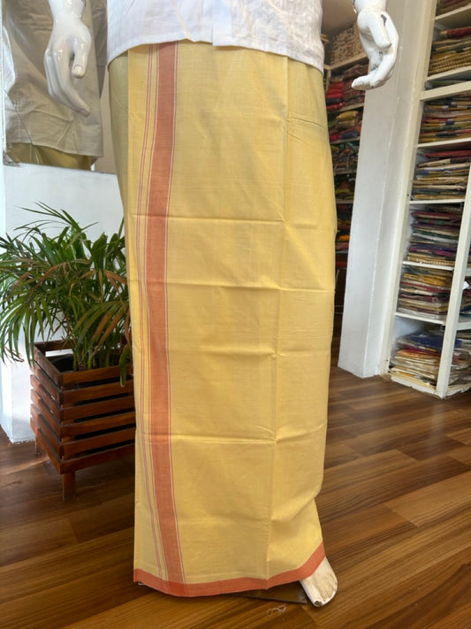 10% DISCOUNT ! KaithariKada Kalamachal 100% Pure Cotton - (80X80) Twisted Thread Handloom Single Mundu/Dhoti - Kannur YELLOW ORANGE COLOUR  BODY & Peach 2.5 inch Kara- 12KK479KAL