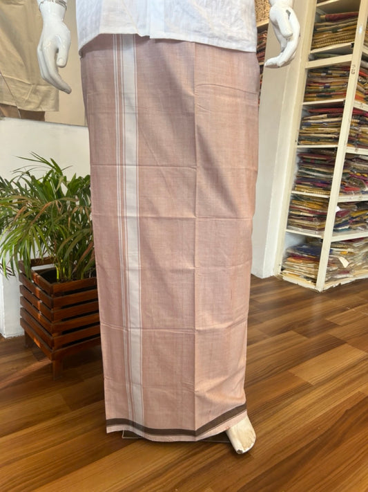 10% DISCOUNT ! KaithariKada Kalamachal 100% Pure Cotton - (80X80) Twisted Thread Handloom Single Mundu/Dhoti - Shaded Brown COLOUR  BODY & White stripes 4.5 cm Kara- 18KK479KAL