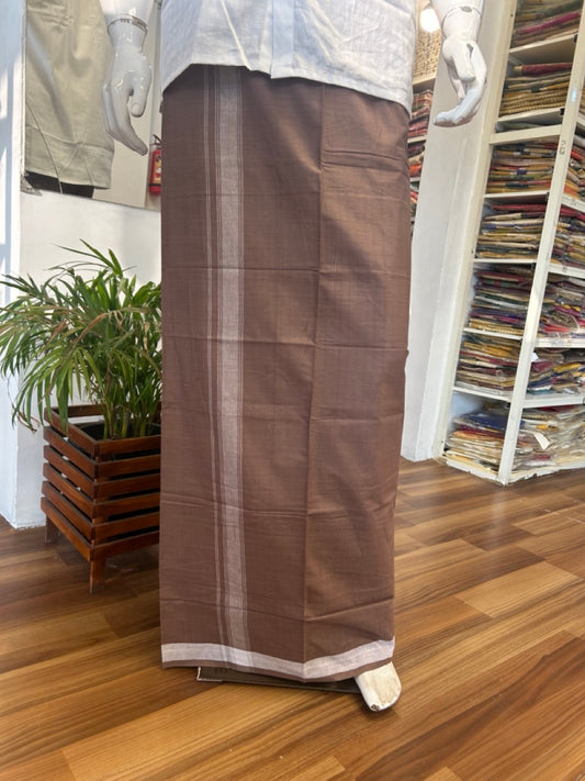 10% DISCOUNT ! KaithariKada Kalamachal 100% Pure Cotton - (80X80) Twisted Thread Handloom Single Mundu/Dhoti - BROWN COLOUR  BODY & White STRIPES 2inch Kara- 7KK479KAL