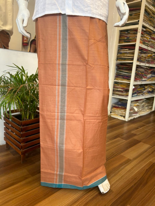 16% DISCOUNT ! KaithariKada Kalamachal 100% Pure Cotton - (80X80) Twisted Thread Handloom Single Mundu/Dhoti - KAVI  BODY & Peacock Blue STRIPES 2.25 inch Kara- 3KK479KAL