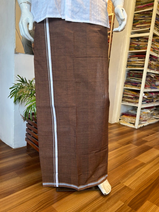 KaithariKada 100% Pure Cotton - HANDLOOM Single Mundu/Dhoti Dark Brown COLOUR BODY & White 0.75 inch Kara- 11KK474VIN