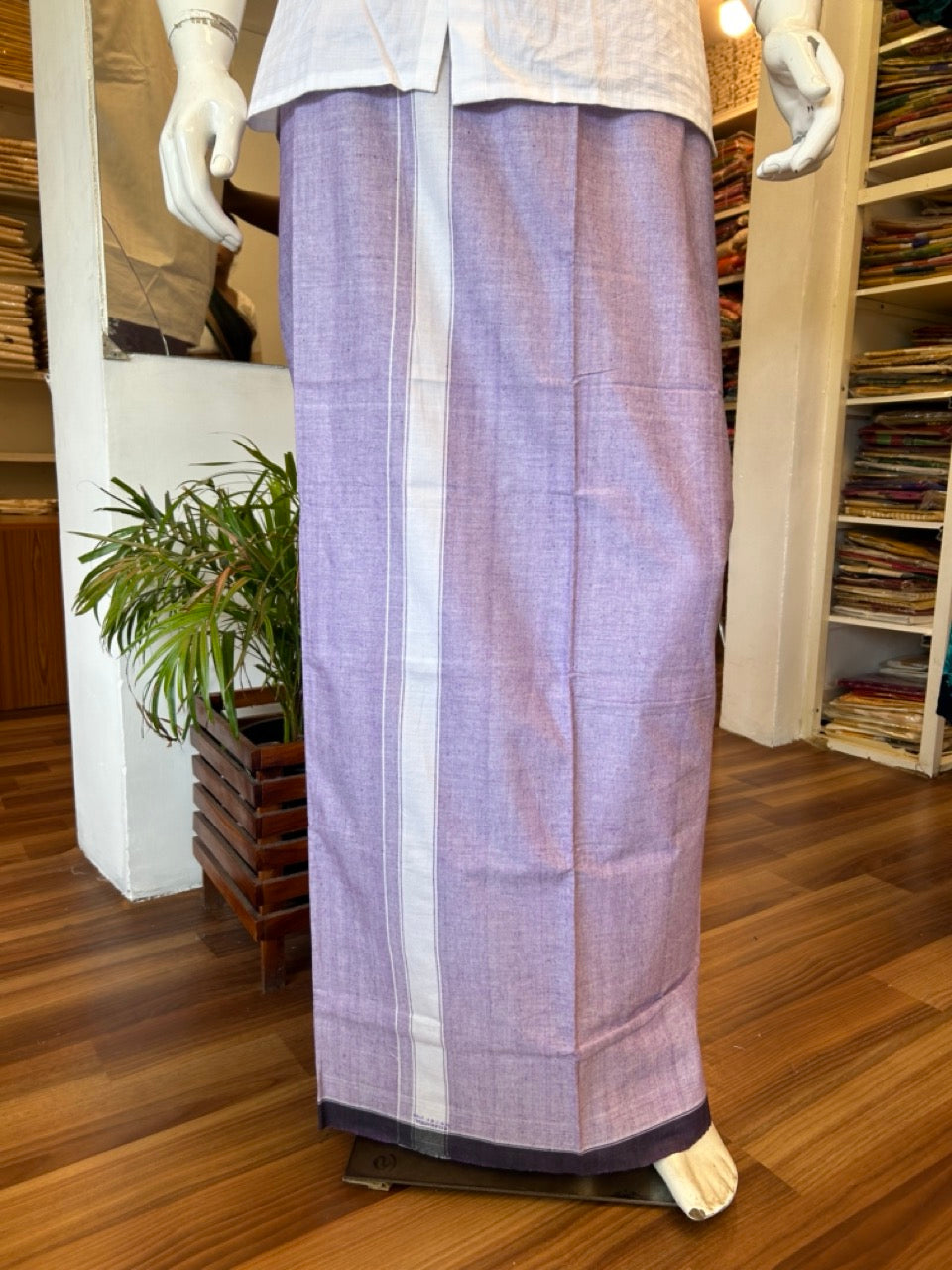 KaithariKada Kalamachal 100% Cotton Lungi/Kaily-   Pale Violet & 2. inch white kara-39