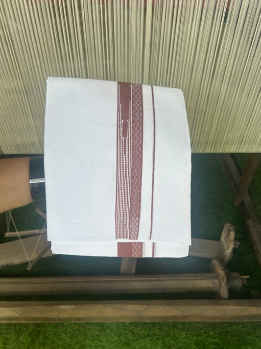 20% DISCOUNT!! Kaitharikada Balaramapuram 100% Cotton PURE WHITE Double Mundu/Dothi - 80X90 - 1.5 Inch Walnut Brown design Kara 3.70 m (8 Muzham) - 54KK5115THI