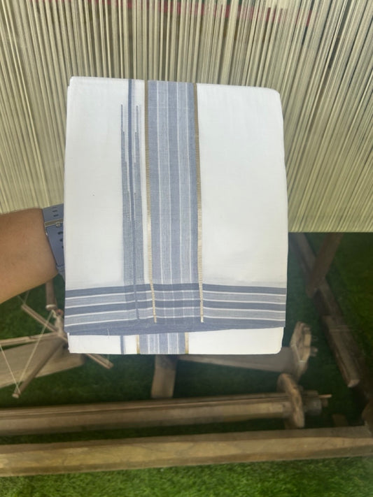 20% DISCOUNT!! Kaitharikada Balaramapuram 100% Cotton PURE WHITE Double Mundu/Dothi - 80X90 - 2 Inch Silver Kasav Ash Blue Stripes Chuty Kara 3.70 m (8 Muzham) - 58KK5115THI