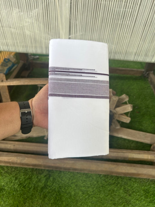 20% DISCOUNT! KaithariKada Balaramapuram 100% Cotton PURE WHITE Double Mundu/Dhoti-100x80 1.5 inch Wine purple & White shaded stripes chutty - 8KK5116MR