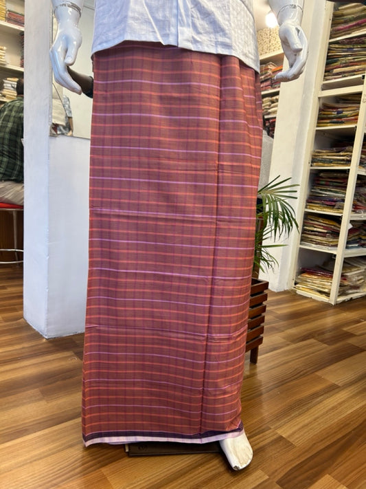 10% DISCOUNT ! KaithariKada Kalamachal 100% Pure Cotton - Handloom Single Mundu/Dhoti RED KAVI PEACH CHECK COLOUR BODY & BLACK  2.cm Kara- 161123KAILY028.HANDLOOM GOVERNMENT SEALED.