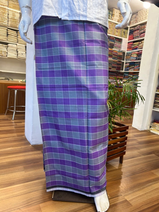 10% DISCOUNT ! KaithariKada Kalamachal 100% Pure Cotton - Handloom Single Mundu/Dhoti -VIOLET& GREEN CHECK COLOUR BODY & BLACK & WHITE 3.cm  Kara- 161123KAILY025.HANDLOOM GOVERNMENT SEALED.