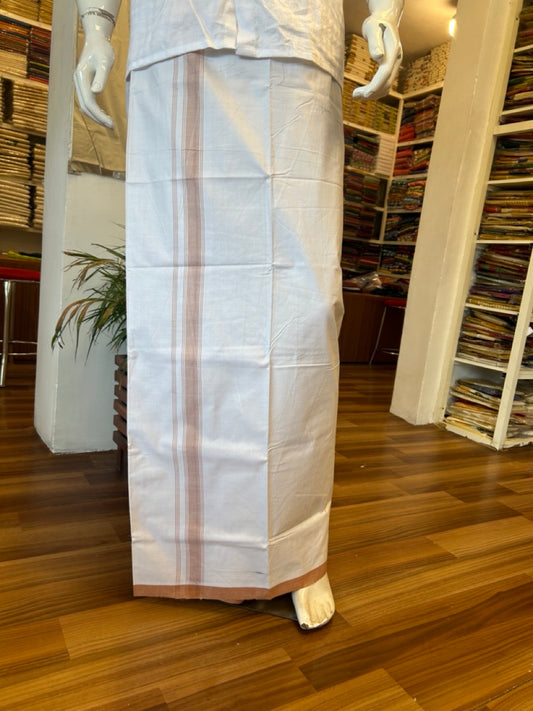 Ultimate HANDLOOM-18% Discount! - Kaitharikada Kalamachal-Government Sealed HALLMARKED-100% PURE COTTON! (80x80) Twisted Thread- Light WHITE SINGLE Mundu / Dhoti - 2inch Light Brown Striped Kara - 8KK478KAL