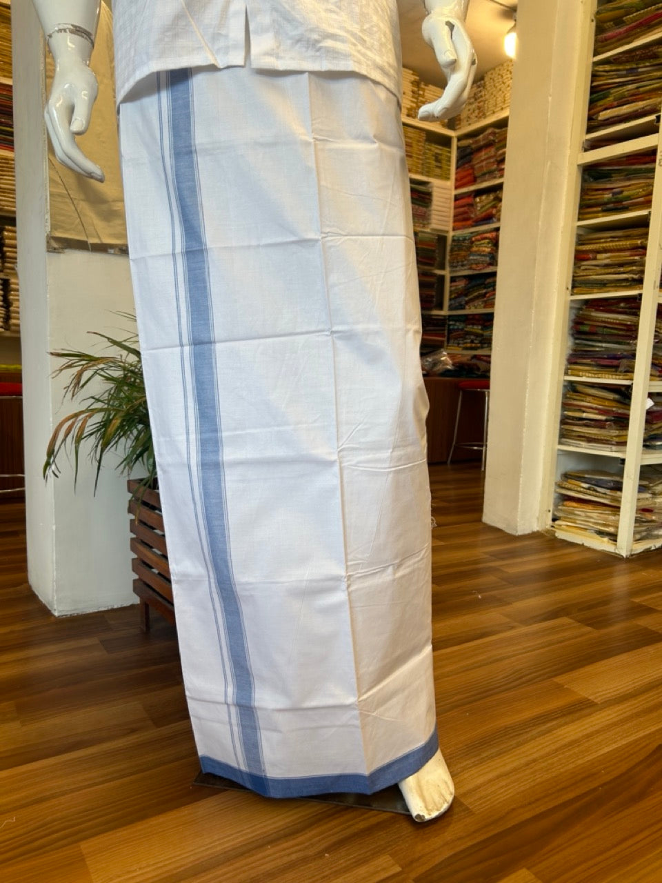 Ultimate HANDLOOM-19% Discount! - Kaitharikada Kalamachal-Government Sealed HALLMARKED-100% PURE COTTON! (80x80) Twisted Thread- Light WHITE SINGLE Mundu / Dhoti - 1.75inch Blue Striped Kara - 7KK478KAL