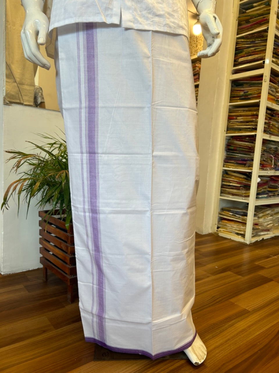 Ultimate HANDLOOM-19% Discount! - Kaitharikada Kalamachal-Government Sealed HALLMARKED-100% PURE COTTON! (80x80) Twisted Thread- Light WHITE SINGLE Mundu / Dhoti - 2.25 inch Lavender Violet Striped Kara - 14KK478KAL