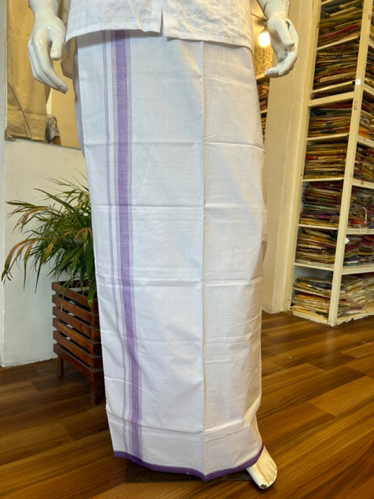 Ultimate HANDLOOM-19% Discount! - Kaitharikada Kalamachal-Government Sealed HALLMARKED-100% PURE COTTON! (80x80) Twisted Thread- Light WHITE SINGLE Mundu / Dhoti - 2.25 inch Lavender Violet Striped Kara - 14KK478KAL