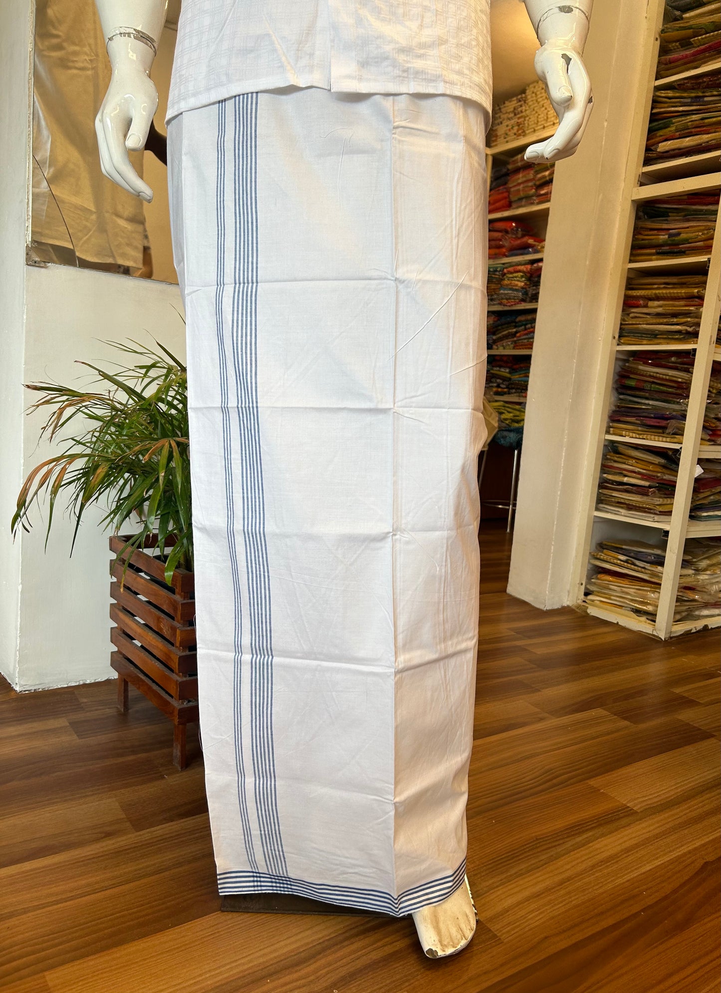 Ultimate HANDLOOM-19% Discount! - Kaitharikada Kalamachal-Government Sealed HALLMARKED-100% PURE COTTON! (80x80) Twisted Thread- Light WHITE SINGLE Mundu / Dhoti - 2 inch Blue Striped Kara - 6KK478KAL