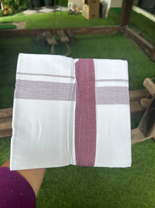 Linen Dhoti NEW! 20% Discount from Kaitharikada.com - Double Mundu/Dhoti 80x90 Thread PURE WHITE - Pure Cotton + Linen - 2.25 Inch Purple Shaded Kara- 22KK5115THI