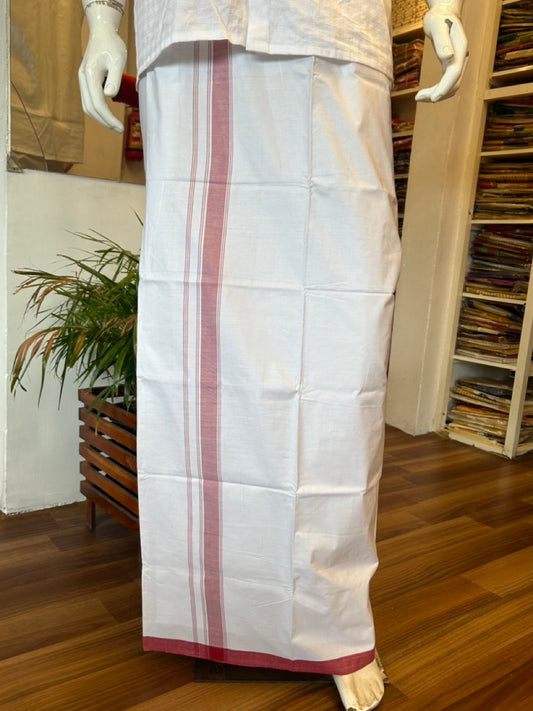 Ultimate HANDLOOM-19% Discount! - Kaitharikada Kalamachal-Government Sealed HALLMARKED-100% PURE COTTON! (80x80) Twisted Thread- Light WHITE SINGLE Mundu / Dhoti - 2.25 inch Red Striped Kara - 11KK478KAL