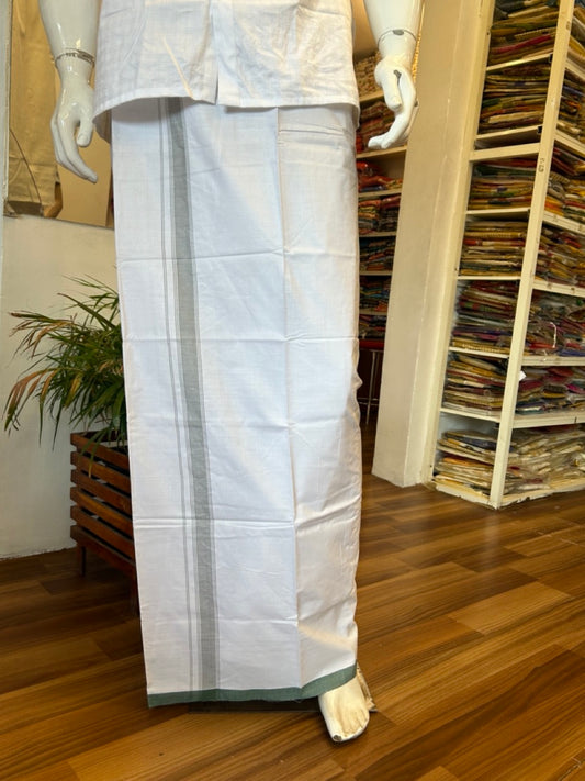 Ultimate HANDLOOM-19% Discount! - Kaitharikada Kalamachal-Government Sealed HALLMARKED-100% PURE COTTON! (80x80) Twisted Thread- Light WHITE SINGLE Mundu / Dhoti -1.85 inch Light Green Striped Kara - 9KK478KAL