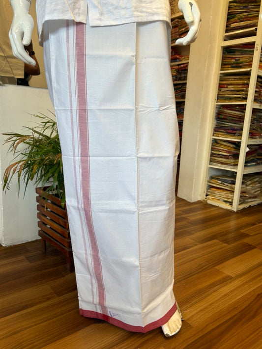 Ultimate HANDLOOM-19% Discount! - Kaitharikada Kalamachal-Government Sealed HALLMARKED-100% PURE COTTON! (80x80) Twisted Thread- Light WHITE SINGLE Mundu / Dhoti - 2 inch Red Striped Kara - 12KK478KAL