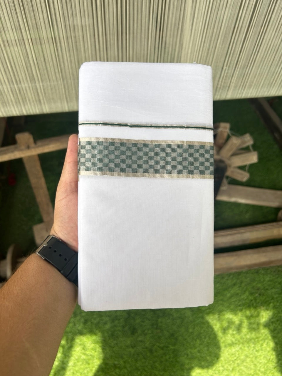 20% DISCOUNT! KaithariKada Balaramapuram 100% Cotton Double PURE white Mundu/Dhoti - 100x80 - 2 Inch Silver kasavu & Dark Green Check jacquard pattern Kara - 7KK5118PMC