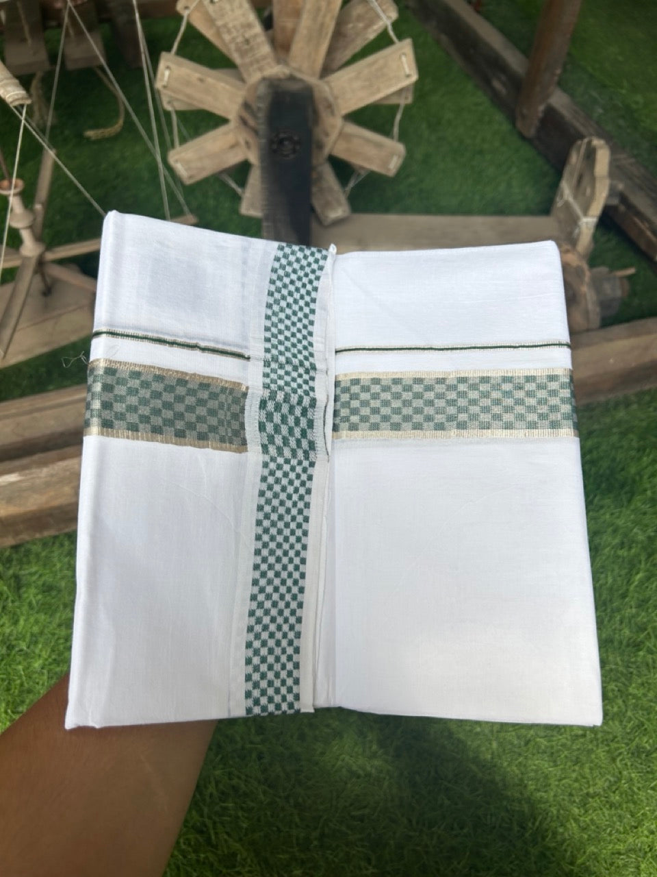 20% DISCOUNT! KaithariKada Balaramapuram 100% Cotton Double PURE white Mundu/Dhoti - 100x80 - 2 Inch Silver kasavu & Dark Green Check jacquard pattern Kara - 7KK5118PMC