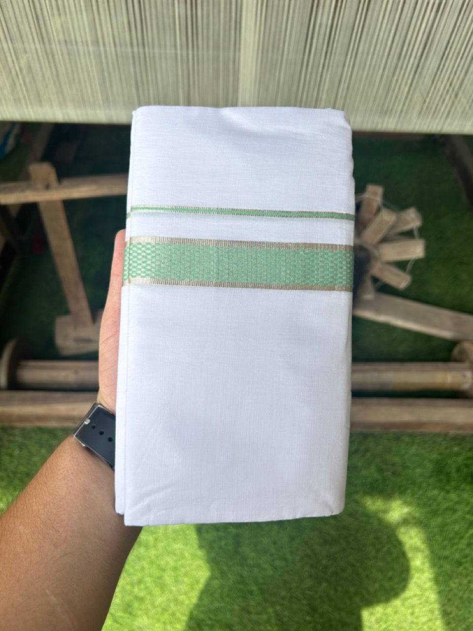 20% DISCOUNT! KaithariKada Balaramapuram 100% Cotton Double PURE white Mundu/Dhoti - 100x80 - 1.75 Inch Silver kasavu & Mint Green Check jacquard pattern Kara - 6KK5118PMC