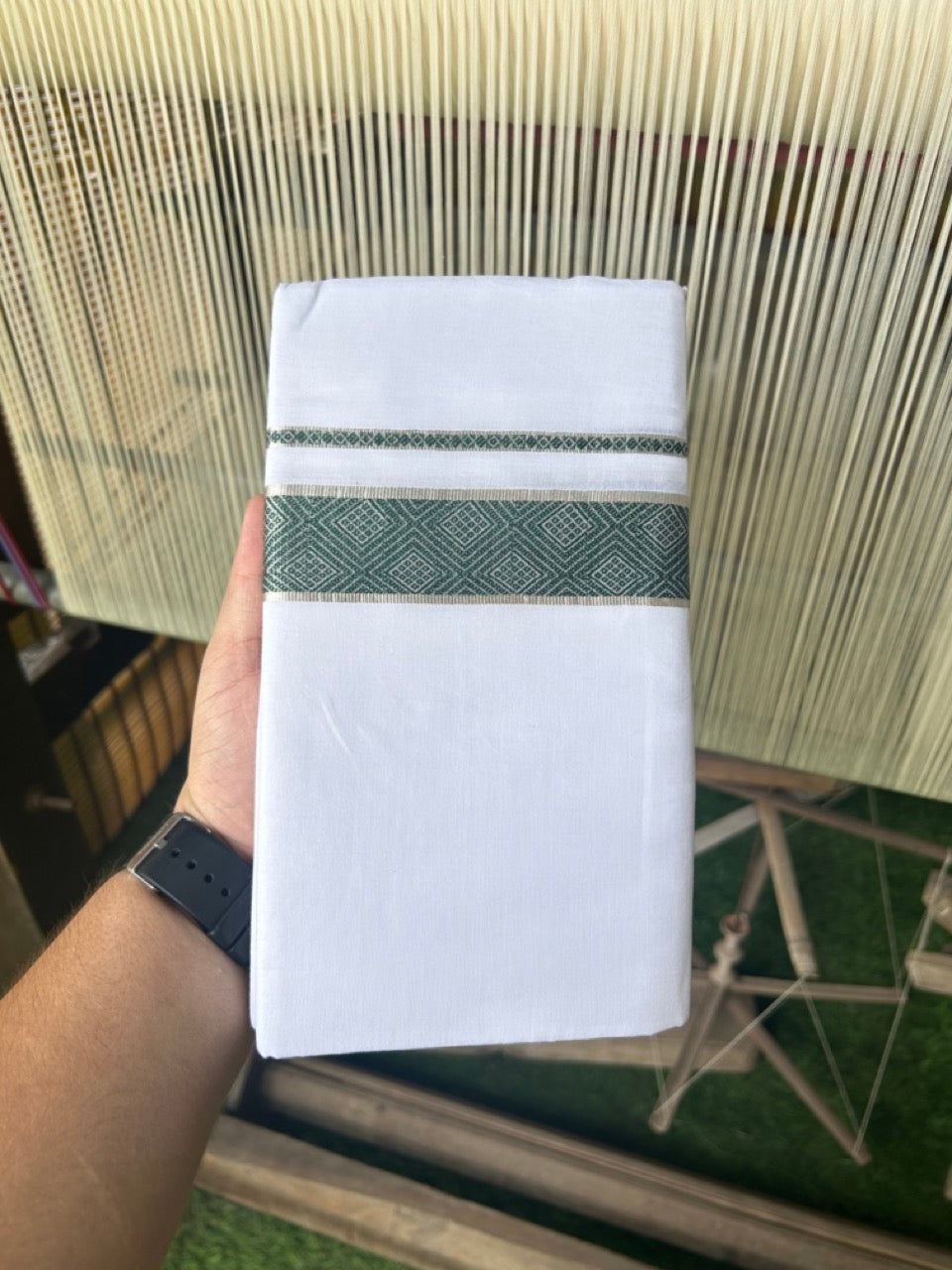 20% DISCOUNT! KaithariKada Balaramapuram 100% Cotton Double PURE white Mundu/Dhoti - 100x80 - 2 Inch Silver kasavu & Green jacquard pattern Kara - 5KK5118PMC