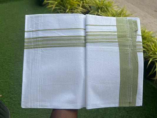 8% Discount ! Kaitharikada Balaramapuram 100% Cotton PURE WHITE SINGLE Mundu/Dothi- 1.75 inch Light Green Striped Kara (2 meter / 4 muzham) - 5KK5018GAN