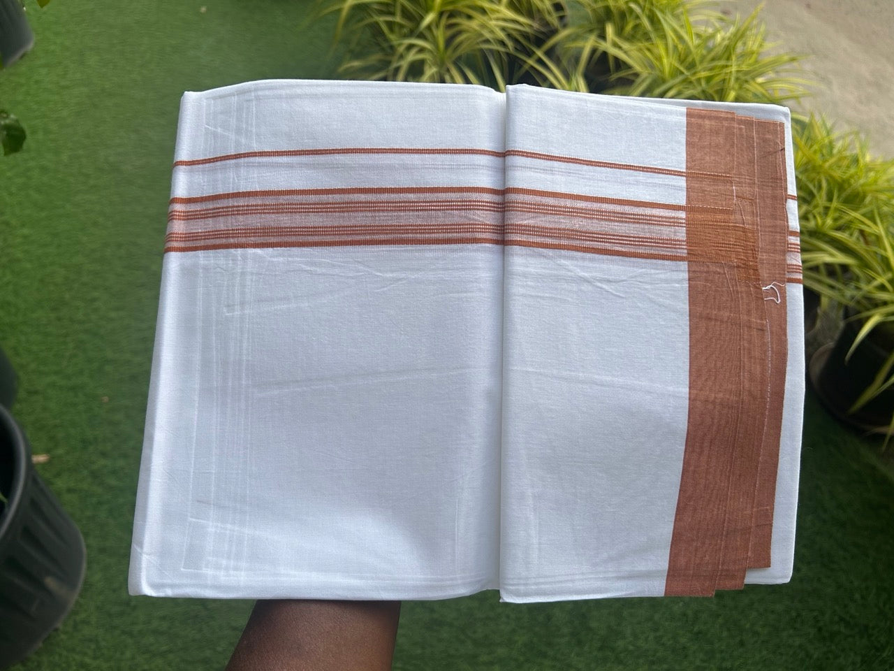 8% Discount ! Kaitharikada Balaramapuram 100% Cotton PURE WHITE SINGLE Mundu/Dothi- 1.75 inch Orange Striped Kara (2 meter / 4 muzham) - 7KK5018GAN