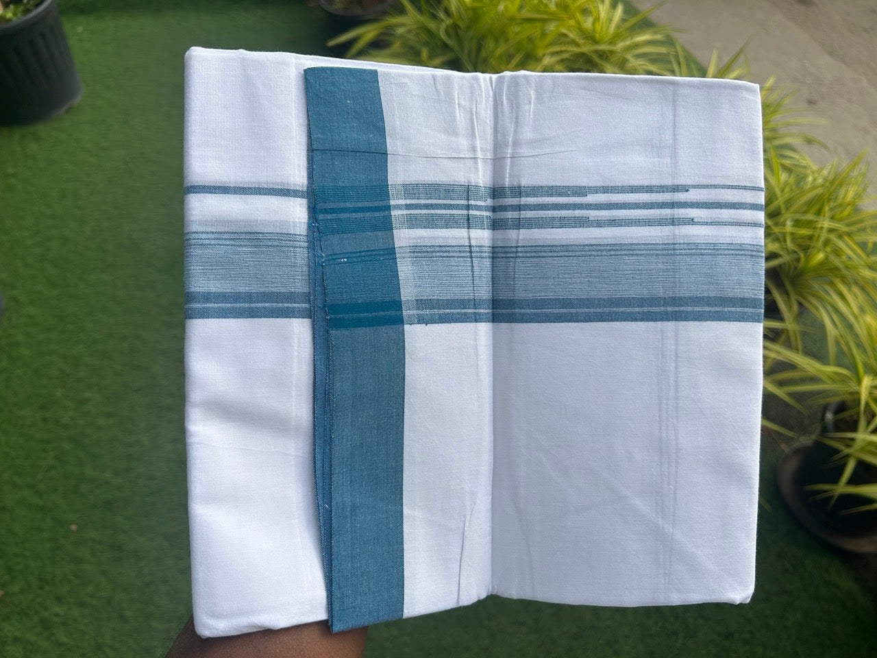 25% DISCOUNT!!! KaithariKada Balaramapuram 100% Cotton Double PURE white Mundu/Dhoti -80X80 - 1.5 Inch Peacock blue & White shaded stripes Chutty kara - 24KK5108GAN