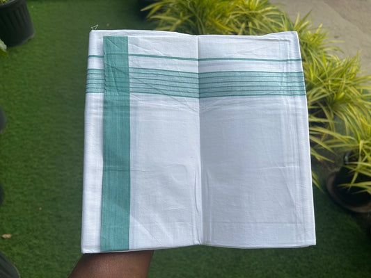 8% Discount ! Kaitharikada Balaramapuram 100% Cotton PURE WHITE SINGLE Mundu/Dothi- 1.75 inch Turquoise Green Striped Kara (2 meter / 4 muzham) - 9KK5018GAN