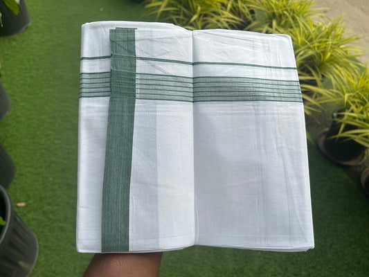 8% Discount ! Kaitharikada Balaramapuram 100% Cotton PURE WHITE SINGLE Mundu/Dothi - 1.75 inch Dark Green Striped Kara (2 meter / 4 muzham) - 11KK5018GAN