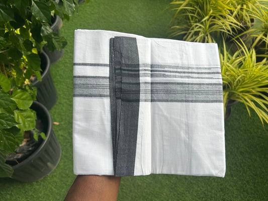 25% DISCOUNT!!! KaithariKada Balaramapuram 100% Cotton Double PURE white Mundu/Dhoti - 80X80 - 1.5 Inch Black & White shaded centre stripes Chutty kara - 21KK5108GAN