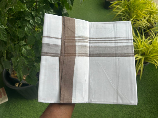 25% DISCOUNT!!! KaithariKada Balaramapuram 100% Cotton Double PURE white Mundu/Dhoti - 80X80 - 1.25 Inch Dark brown & White shaded stripes Chutty kara - 22KK5108GAN