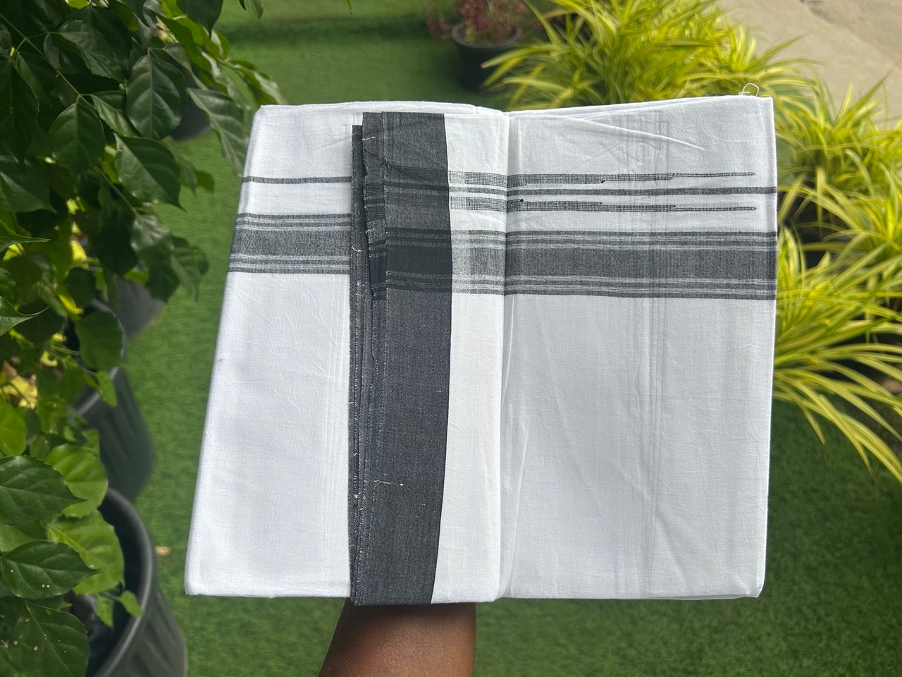 25% DISCOUNT!!! KaithariKada Balaramapuram 100% Cotton Double PURE white Mundu/Dhoti -80X80 - 1.25 Inch Black & White shaded stripes Chutty kara - 23KK5108GAN