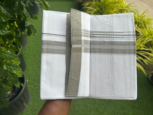 25% DISCOUNT!!! KaithariKada Balaramapuram 100% Cotton Double PURE white Mundu/Dhoti -80X80 - 1.25 Inch Dark Sage green & White Centre stripes Chutty kara - 20KK5108GAN