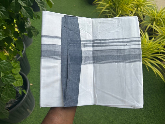 25% DISCOUNT!!! KaithariKada Balaramapuram 100% Cotton Double PURE white Mundu/Dhoti - 80X80 - 1.5 Inch Dark blue & white shaded side stripes Chutty kara - 18KK5108GAN