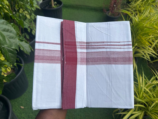 25% DISCOUNT!!! KaithariKada Balaramapuram 100% Cotton Double PURE white Mundu/Dhoti - 80X80 - 1.75 Inch Maroon & White shades Chutty kara - 13KK5108GAN