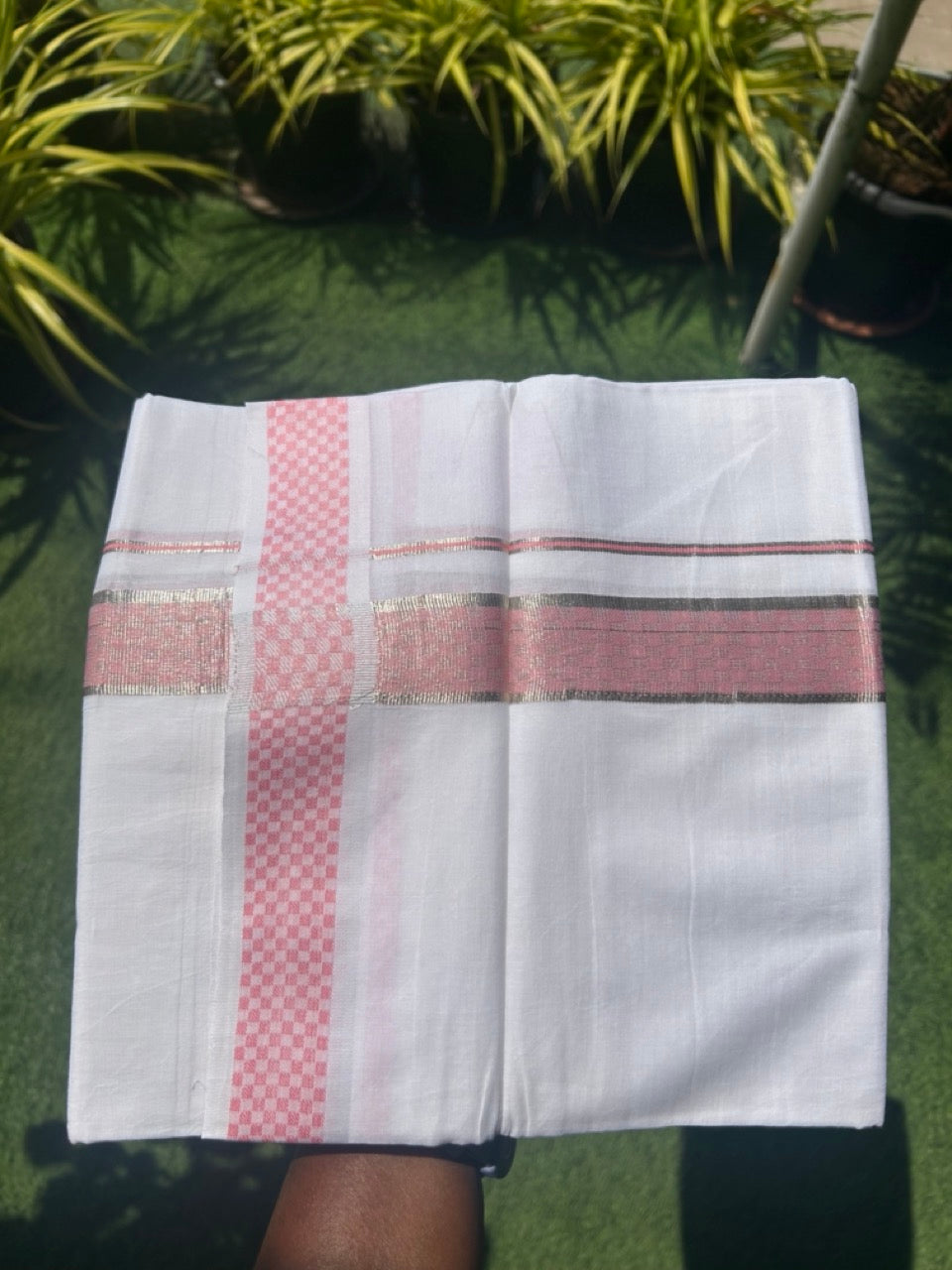 20% DISCOUNT! KaithariKada Balaramapuram 100% Cotton Double PURE white Mundu/Dhoti - 100x80 - 2 Inch Silver kasavu Baby pink square pattern Kara - 28KK5112PMC